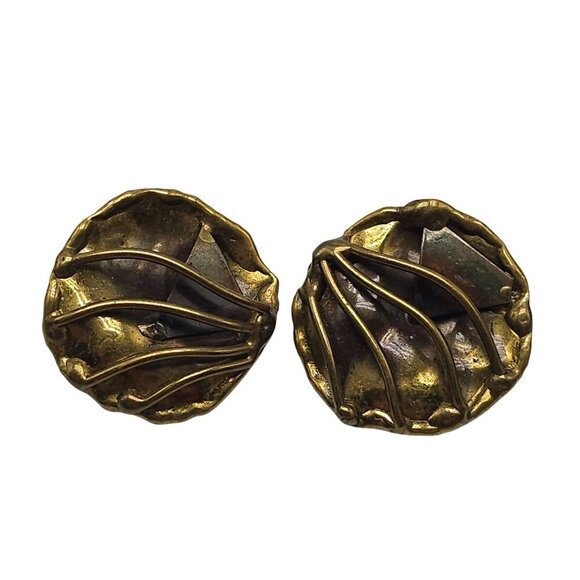 Vintage Brass Abstract Clip-On Earrings Textured Design Gold-Tone Backing - Picture 1 of 6